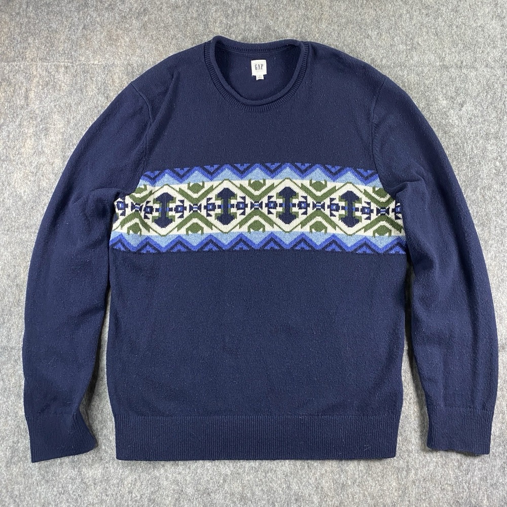 GAP Roll Neck Fair Isle‎ Sweater Men's Large Blue Nordic Y2K Cotton
